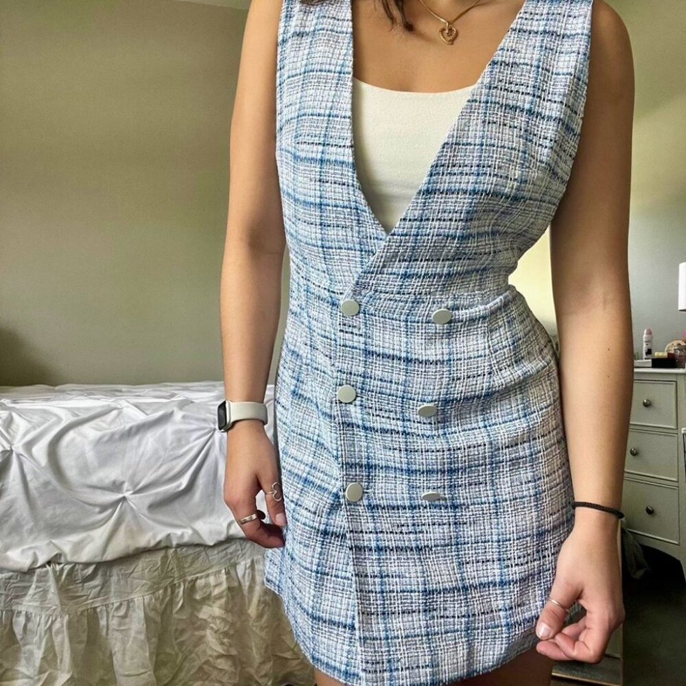 NWT Zara Tweed Plaid Pinafore Overall Mini Dress - Picture 3 of 6